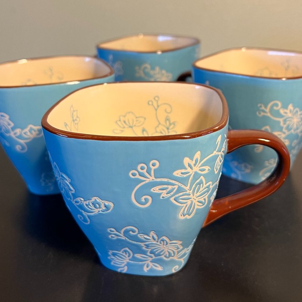Temp-Tations by Tara Set of 4 Aqua Floral Lace Square Ceramic Mugs 12 oz Cups